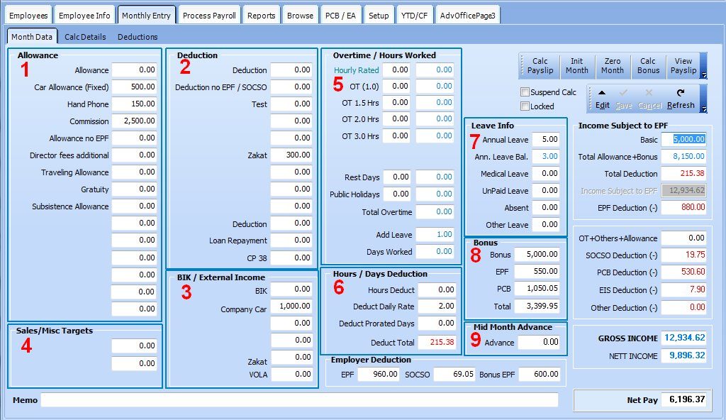 Actpay Payroll System monthly calculations screen